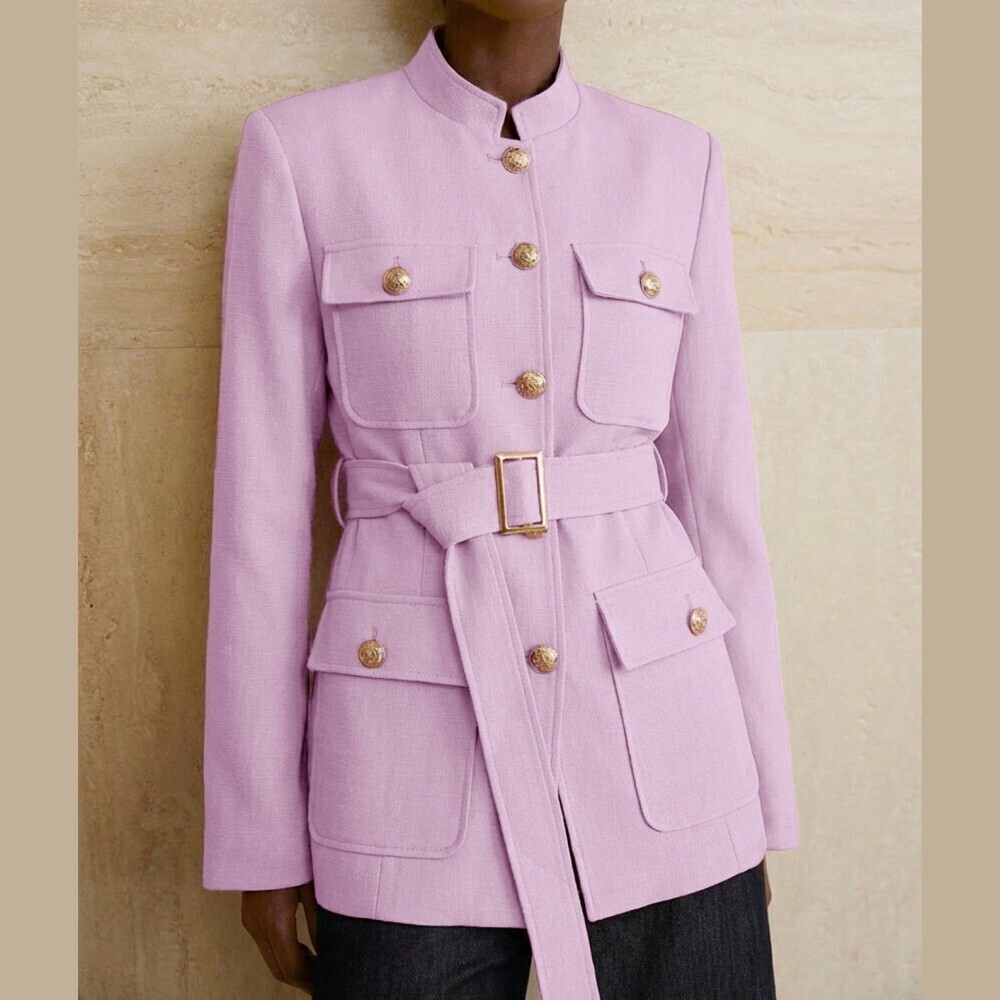 Lilac Pink Textured Gold Button Stand Collar Military Utility Cargo Jacket